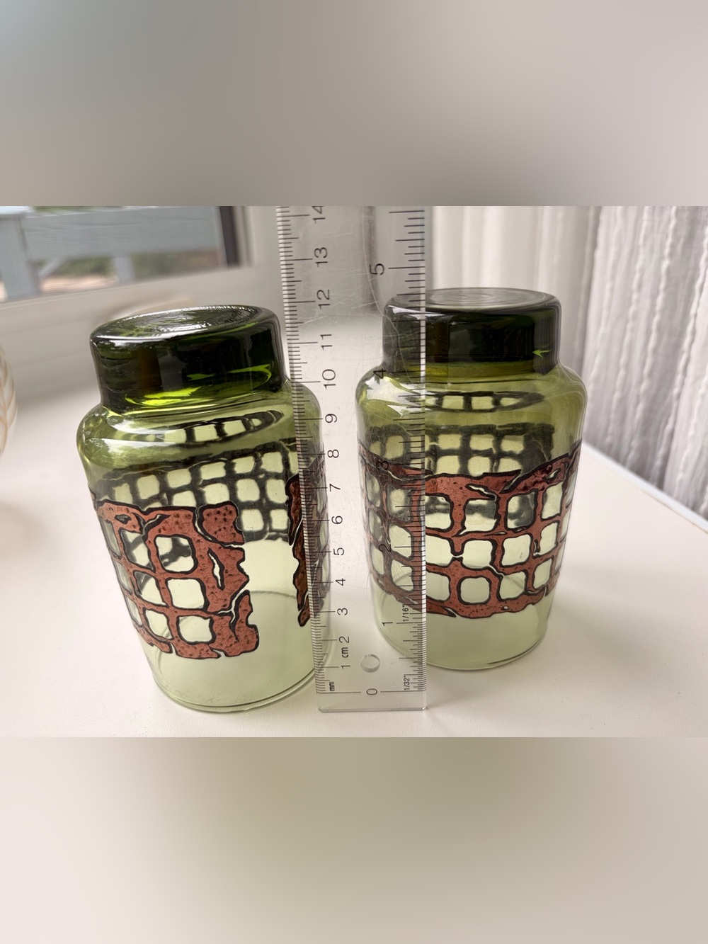 RARE VTG Libbey Signed 2 Green Glass Tumblers Copper Monogram MCM 1970s Barware - Picture 11 of 14